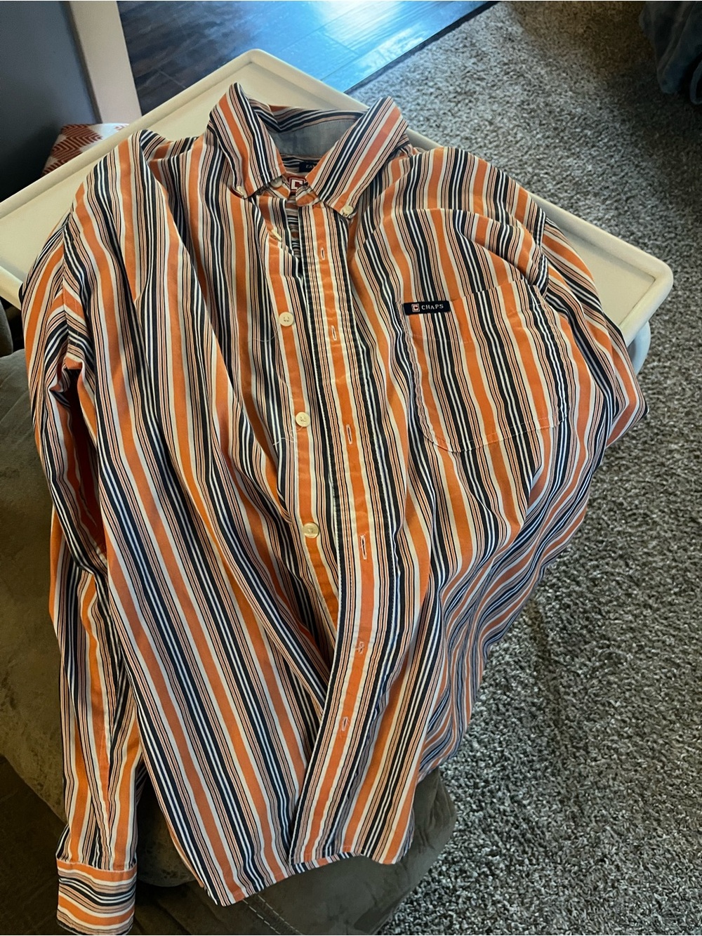 Chaps Orange, Navy & White Striped Button-Down Shirt Men’s size large